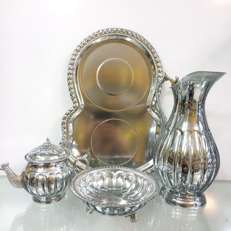 سرویس ۴ پارچه سماور مدل طرح دار کروم